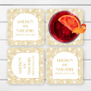 Elegant Goud Wit Geometrische Art Deco Bruiloft Kartonnen Onderzetters