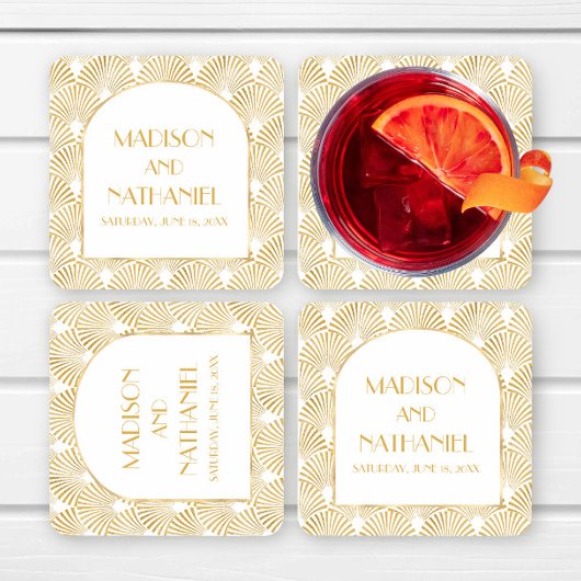 Elegant Goud Wit Geometrische Art Deco Bruiloft Kartonnen Onderzetters