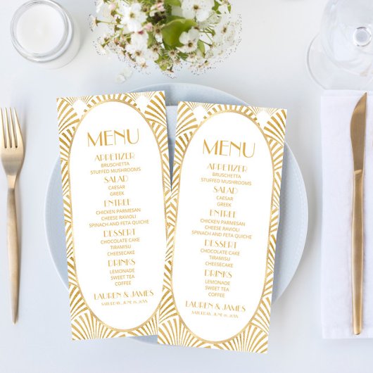 Elegant Goud Wit Geometrische Art Deco Bruiloft Menu