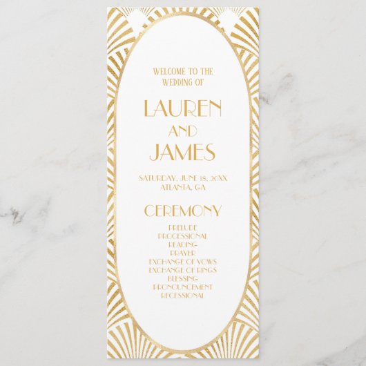 Elegant Goud Wit Geometrische Art Deco Bruiloft Programmakaart (Voorkant)