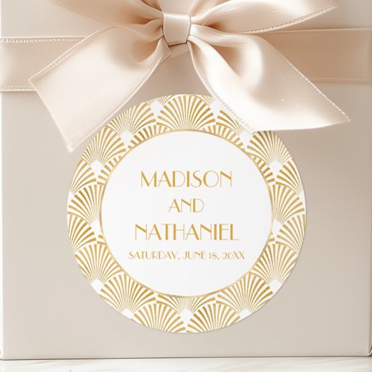 Elegant Goud Wit Geometrische Art Deco Bruiloft Ronde Sticker