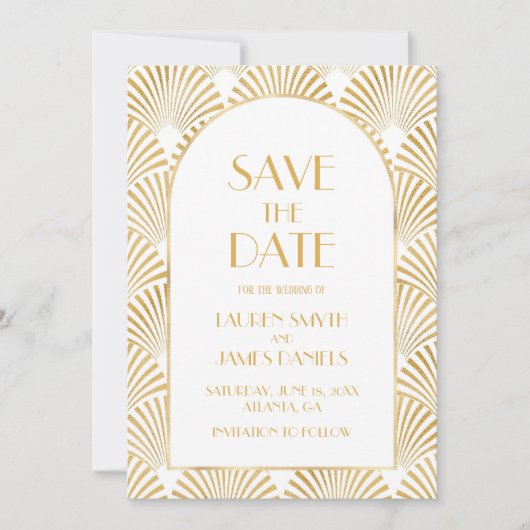 Elegant Goud Wit Geometrische Art Deco Bruiloft Save The Date (Voorkant)