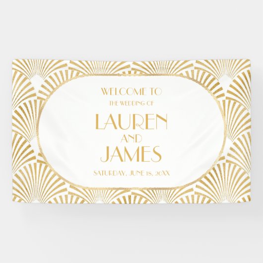 Elegant Goud Wit Geometrische Art Deco Bruiloft Spandoek (Horizontaal)