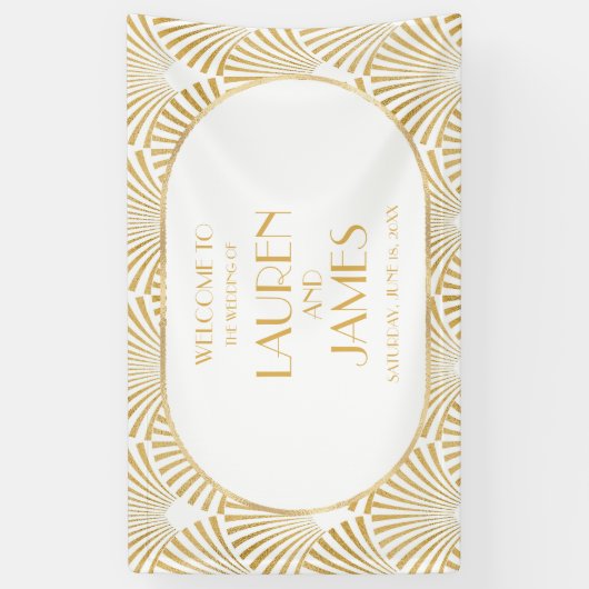 Elegant Goud Wit Geometrische Art Deco Bruiloft Spandoek (Verticaal)