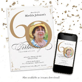 Elegant Goud Wit Kalligrafie Foto 60e Verjaardag Kaart
