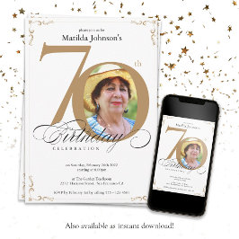 Elegant Goud Wit Kalligrafie Foto 70e Verjaardag Kaart