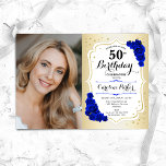 Elegant Goud Wit Koninklijk Blauw Foto 50ste Verja Kaart<br><div class="desc">Elegante bloemenvrouwelijke 50e verjaardagsuitnodiging met uw foto. Glam ontwerp met faux goud. Beschikt over koningsblauwe rozen,  scriptlettertype en confetti. Perfect voor een stijlvol volwassen feestje. Personaliseer met je eigen gegevens. Kan voor om het even welke leeftijd worden aangepast! Gedrukte Zazzle-uitnodigingen of direct download digitale afdrukbare sjabloon.</div>