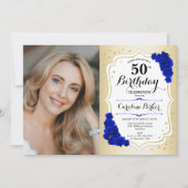 Elegant Goud Wit Koninklijk Blauw Foto 50ste Verja Kaart (Voorkant)