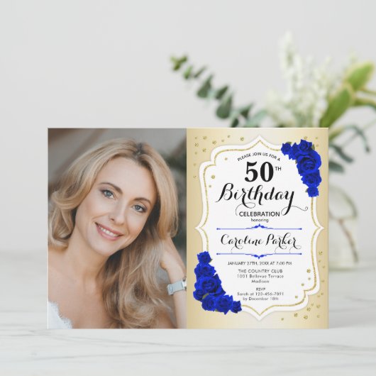 Elegant Goud Wit Koninklijk Blauw Foto 50ste Verja Kaart (Staand voorkant)