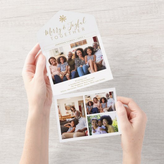 Elegant goud wit minimale fotocollage vakantie all in one uitnodiging (Afscheurbaar)