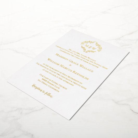 Elegant goud wit Monogram Crest Modern Katholiek Folie Uitnodiging (Gedraaid)