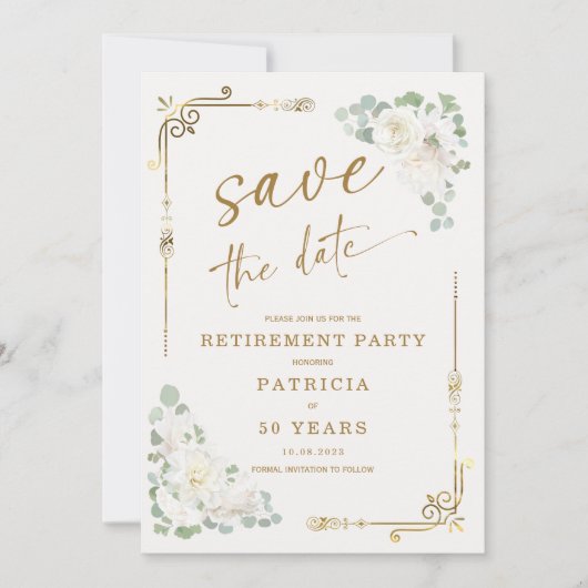 Elegant Goud Wit Pensioen Partij Opslaan van de Da Kaart (Voorkant)