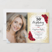 Elegant Goud Wit Rood Rozen Foto 50e Verjaardag Kaart (Voorkant)
