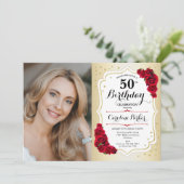 Elegant Goud Wit Rood Rozen Foto 50e Verjaardag Kaart (Staand voorkant)