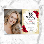 Elegant Goud Wit Rood Rozen Foto 50e Verjaardag Kaart<br><div class="desc">Elegante bloemenvrouwelijke 50e verjaardagsuitnodiging met uw foto. Glam ontwerp met faux goud. Beschikt over rode rozen,  script lettertype en confetti. Perfect voor een stijlvol volwassen feestje. Personaliseer met je eigen gegevens. Kan voor om het even welke leeftijd worden aangepast! Gedrukte Zazzle-uitnodigingen of direct download digitale afdrukbare sjabloon.</div>