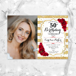 Elegant Goud Wit Rood Rozen Foto 50e Verjaardag Kaart<br><div class="desc">Elegante bloemenvrouwelijke 50e verjaardagsuitnodiging met uw foto. Glam, wit en rood ontwerp met faux glitter goud. Met strepen, rode rozen, script lettertype en confetti. Perfect voor een stijlvol volwassen feestje. Personaliseer met je eigen gegevens. Kan voor om het even welke leeftijd worden aangepast! Gedrukte Zazzle-uitnodigingen of direct download digitale afdrukbare...</div>