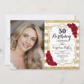 Elegant Goud Wit Rood Rozen Foto 50e Verjaardag Kaart (Voorkant)