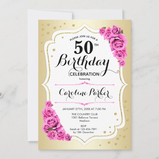 Elegant Goud Wit Roze Foto 50e Verjaardag Kaart (Voorkant)