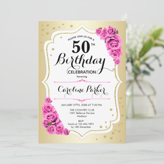 Elegant Goud Wit Roze Foto 50e Verjaardag Kaart (Staand voorkant)