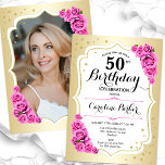 Elegant Goud Wit Roze Foto 50e Verjaardag Kaart<br><div class="desc">Elegante bloemenvrouwelijke 50e verjaardagsuitnodiging met je foto aan de achterkant van de kaart. Glam ontwerp met faux goud. Beschikt over roze rozen, script lettertype en confetti. Perfect voor een stijlvol volwassen feestje. Personaliseer met je eigen gegevens. Kan voor om het even welke leeftijd worden aangepast! Gedrukte Zazzle-uitnodigingen of direct download...</div>