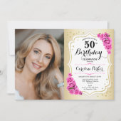 Elegant Goud Wit Roze Rozen Foto 50e Verjaardag Kaart (Voorkant)