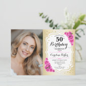 Elegant Goud Wit Roze Rozen Foto 50e Verjaardag Kaart (Staand voorkant)