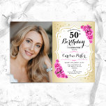 Elegant Goud Wit Roze Rozen Foto 50e Verjaardag Kaart<br><div class="desc">Elegante bloemenvrouwelijke 50e verjaardagsuitnodiging met uw foto. Glam ontwerp met faux goud. Beschikt over roze rozen,  script lettertype en confetti. Perfect voor een stijlvol volwassen feestje. Personaliseer met je eigen gegevens. Kan voor om het even welke leeftijd worden aangepast! Gedrukte Zazzle-uitnodigingen of direct download digitale afdrukbare sjabloon.</div>