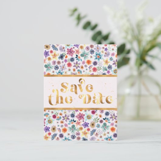 Elegant Goud Wit Roze Wildflower Save the Date Briefkaart (Staand voorkant)
