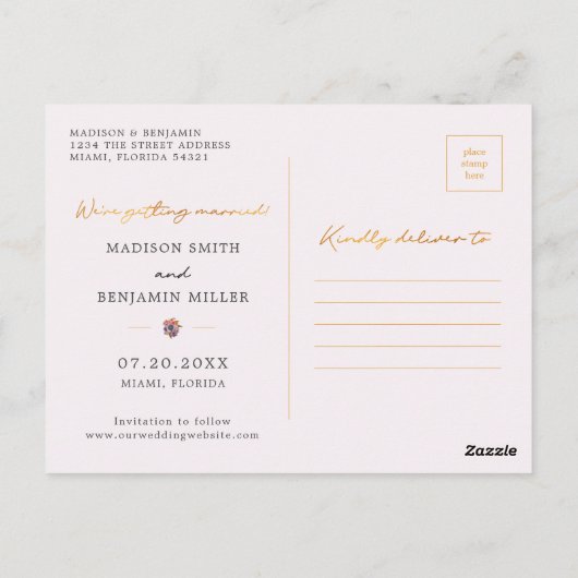 Elegant Goud Wit Roze Wildflower Save the Date Briefkaart (Achterkant)