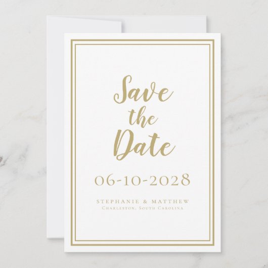 Elegant Goud & Wit Trouwscript Eenvoudig Modern Save The Date (Voorkant)