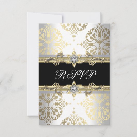 Elegant Goud Wit Zwart Damast RSVP (Voorkant)