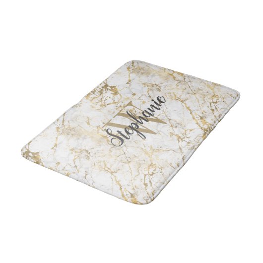 Elegant Goud Witte Marmer Monogram Schrift Badmat (Gekanteld)
