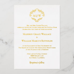 Elegant goud witte Monogram Crest Modern Katholiek Folie Uitnodiging