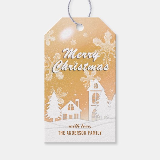 Elegant Goud Witte Sneeuw Huis Kerstmis Nieuwjaar Cadeaulabel (Voorkant)