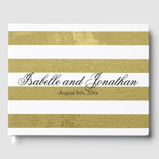 Elegant Goud & Witte Strepen Gepersonaliseerde Bru Gastenboek (Voorkant)