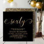 Elegant Goud Zestig Script Zwart 60ste Verjaardag Kaart<br><div class="desc">Elegant Chic Zwart en Goud Zestig Script 60ste verjaardag uitnodiging. Deze moderne verjaardagsfeestuitnodiging sjabloon heeft stijlvolle "zestig" tekst in enorme faux gouden folie swirly handgeschreven kalligrafie (of typografie) script met swash staarten, feestdetails in goudkleur op zwarte achtergrond. Aan de achterkant faux gouden folie wervelende golf cirkel patroon op zwarte kleur...</div>