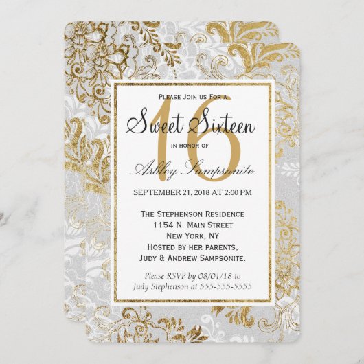 Elegant Goud Zilver en Grijs Bloemen Zoet 16 Kaart (Voorkant / Achterkant)