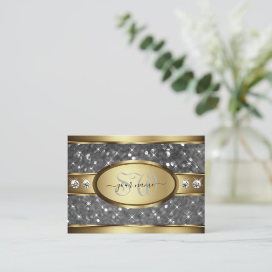 Elegant Goud Zilver Glitter Sterren Diamond Initia Visitekaartje (Staand voorkant)