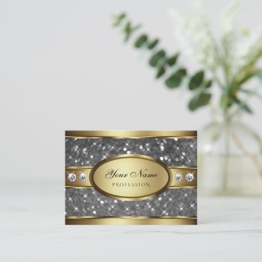 Elegant Goud Zilver Glitter Sterren en Diamanten Visitekaartje (Staand voorkant)