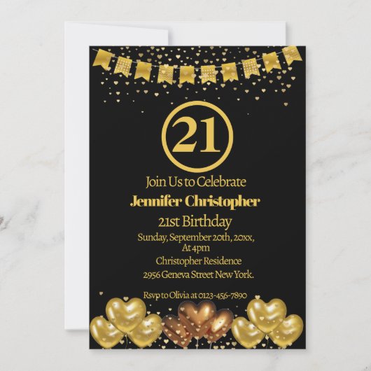 Elegant Goud & Zwart 21e Verjaardag Uitnodigingen (Voorkant)