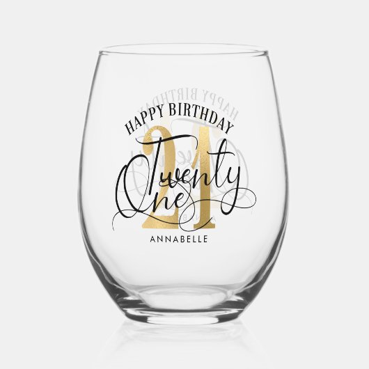 Elegant Goud & Zwart 21e Verjaardag Wijnglas Zonder Voet (Voorkant)