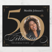 Elegant Goud Zwart 50e Verjaardag Custom Foto Sparkling Wijnetiket (Enkel label)