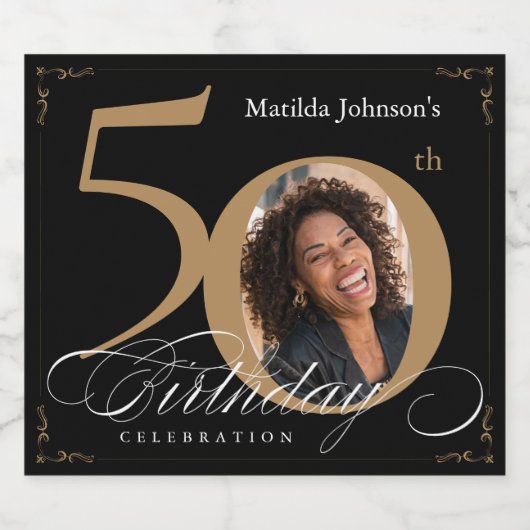 Elegant Goud Zwart 50e Verjaardag Custom Foto Sparkling Wijnetiket (Enkel label)