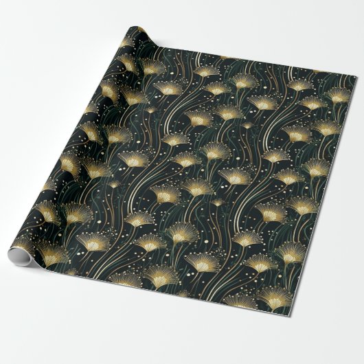Elegant goud zwart art deco floral cadeaupapier (Uitgerold)