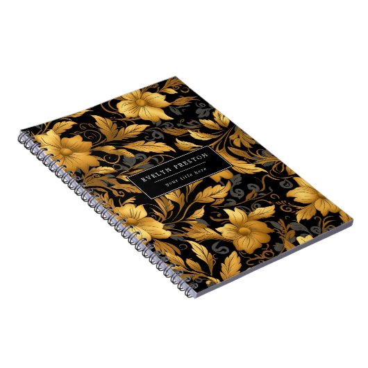 Elegant Goud Zwart Bloemen Bladeren Botanisch Scri Notitieboek (Rechterzijde)
