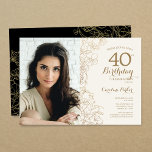 Elegant Goud Zwart Bloemen Foto 40e Verjaardag Kaart<br><div class="desc">Goud zwart bloemenfeest 40e verjaardag uitnodiging met je foto op de voorkant van de kaart. Minimalistisch modern design met botanische contourtekenaccenten, faux gouden folie en typografie script lettertype. Eenvoudige trendy uitnodigingskaart perfect voor een stijlvol vrouwen dagfeest. Kan worden aangepast aan elke leeftijd. Gedrukte Zazzle-uitnodigingen of direct download digitale afdrukbare sjabloon....</div>