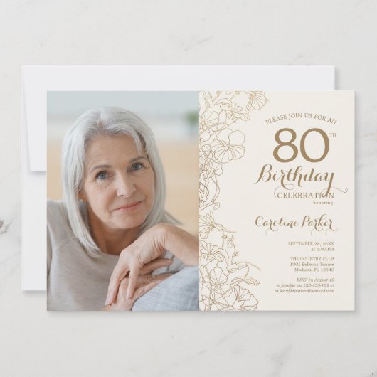 Elegant Goud Zwart Bloemen Foto 80e Verjaardag Kaart (Voorkant)