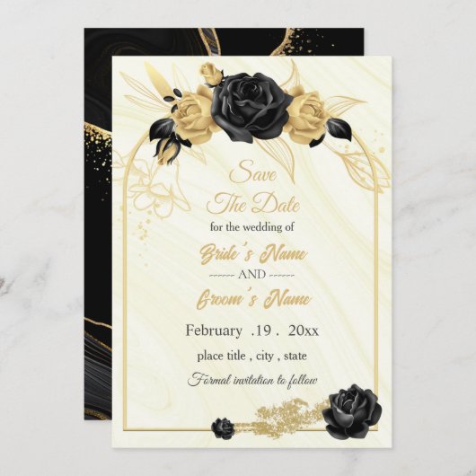 Elegant goud & zwart bloemige geometrisch save the date (Voorkant / Achterkant)