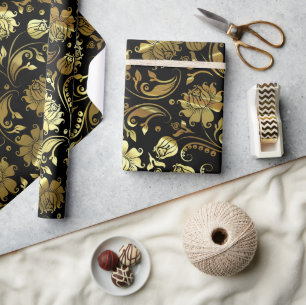 Elegant goud & zwart bloemmotief cadeaupapier