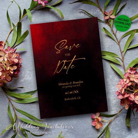 Elegant Goud Zwart en Rood Bruiloft Save The Date